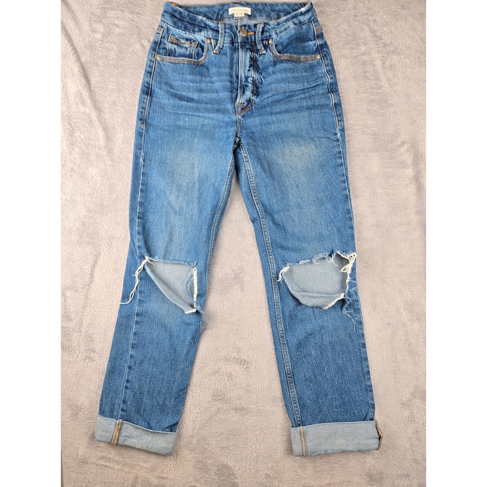 GOOD AMERICAN High Waisted Ripped Knee Straight Leg Jeans Medium Wash Size 00 24